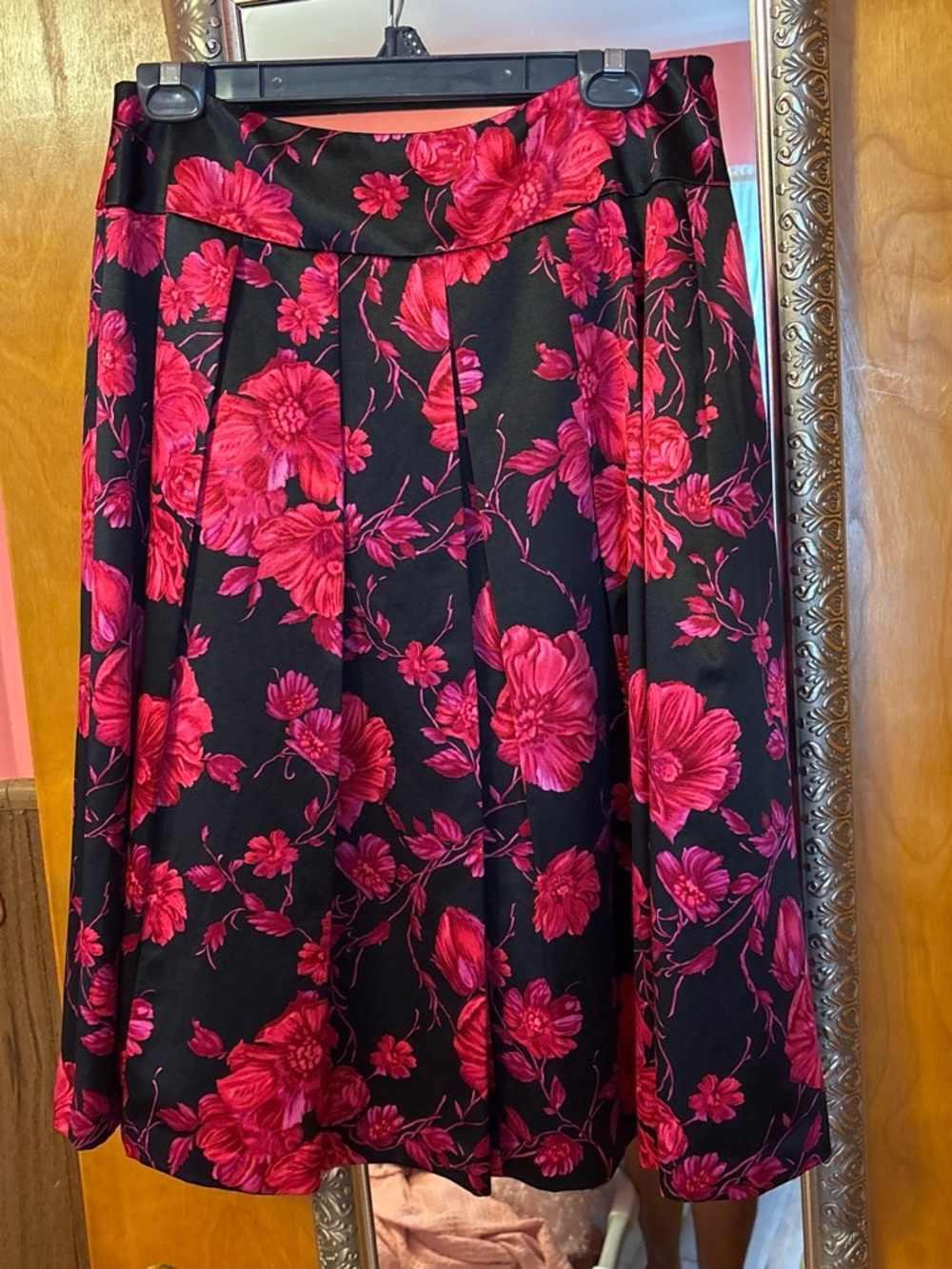 Talbots Black Midi Skirt with Red Floral Print